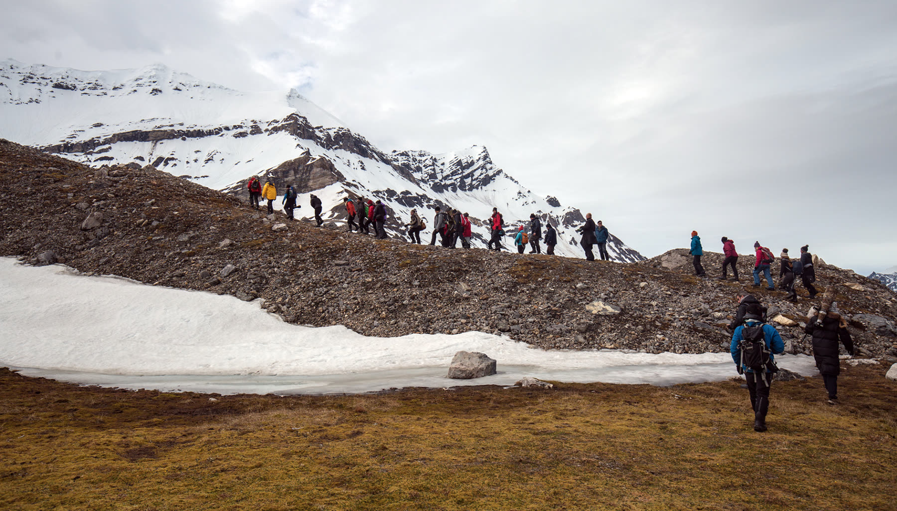 Wandergruppe auf der Tundra unterhalb des Alkhornet